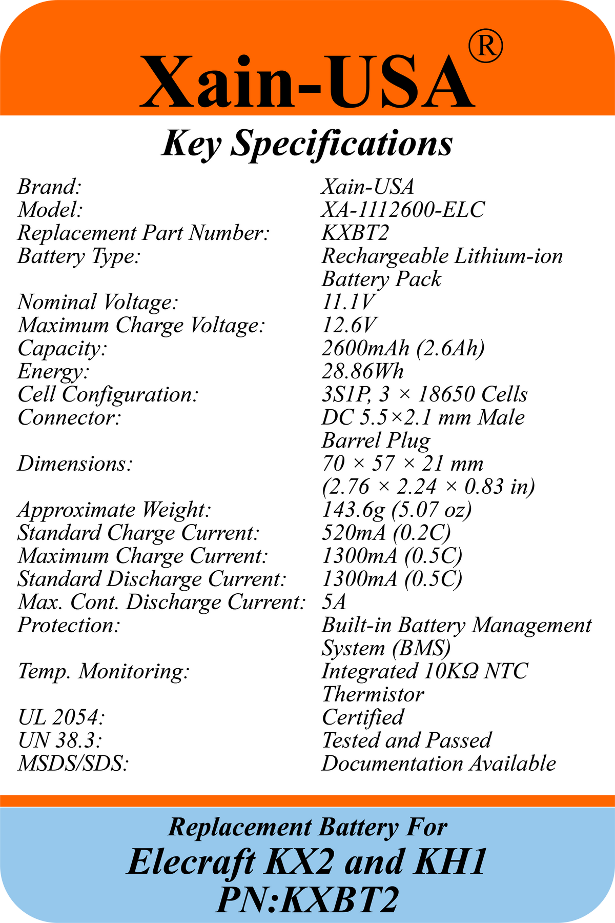 Xain-USA UL 2054 Certified 11.1V 2600mAh Replacement Battery for Elecraft KX2 & KH1, Replaces KXBT2, 28.86Wh, 5A BMS, 10K NTC