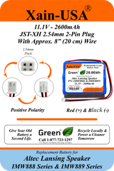Xain-USA UL 2054 Certified 11.1V 2600mAh Replacement Battery for Altec Lansing Super LifeJacket IMW888 & Jolt IMW889 Series Speakers, 28.86Wh, 5A BMS