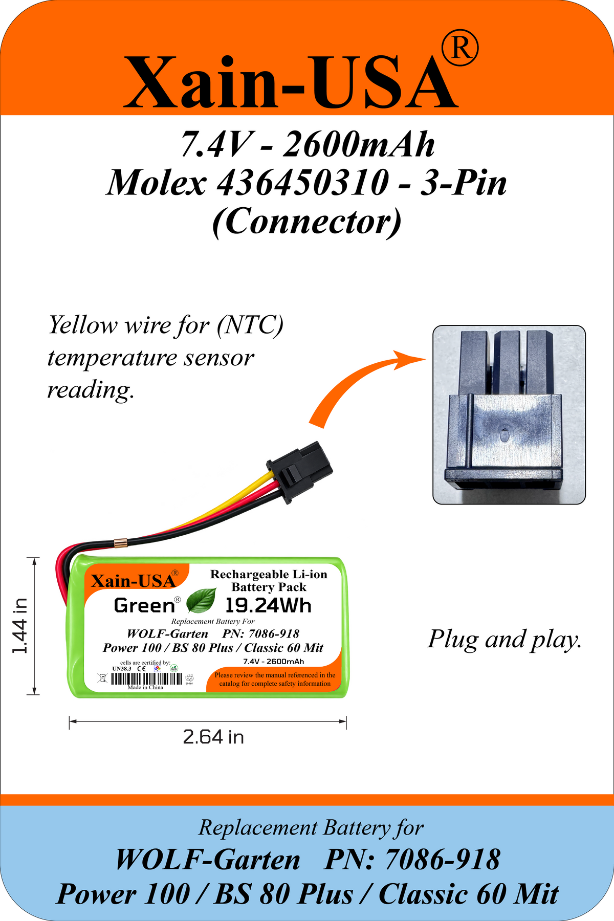 7.4V 2600mAh Replacement Battery for WOLF-Garten Power 100 / BS 80 Plus / Classic 60 Mit, Replaces PN 7086-918, 19.24Wh Li-ion, 3-Wire Connector, Built-in BMS