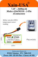 7.4V 2600mAh Replacement Battery for WOLF-Garten Power 100 / BS 80 Plus / Classic 60 Mit, Replaces PN 7086-918, 19.24Wh Li-ion, 3-Wire Connector, Built-in BMS