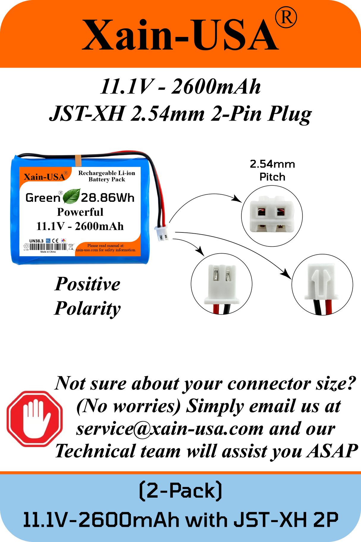(2-Pack) 11.1V 2600mAh Li-ion Rechargeable Battery Pack, 3S1P with JST-XH 2-Pin Connector & Built-in BMS – Powerful Replacement Battery. for Super LifeJacket, Pool Vacuum, audio, robotics, lighting
