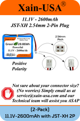 (2-Pack) 11.1V 2600mAh Li-ion Rechargeable Battery Pack, 3S1P with JST-XH 2-Pin Connector & Built-in BMS – Powerful Replacement Battery. for Super LifeJacket, Pool Vacuum, audio, robotics, lighting