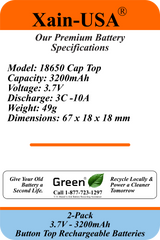 Xain-USA | 2-Pack 3.7V 3200mAh Headlight Batteries | EVE 33V 18650 Button Top Li-Ion Cells | 10A Discharge | Unprotected