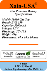Xain-USA | 3-Pack 3.7V 3200mAh Headlight Batteries | EVE 33V 18650 Button Top Li-Ion Cells | 10A Discharge | Unprotected