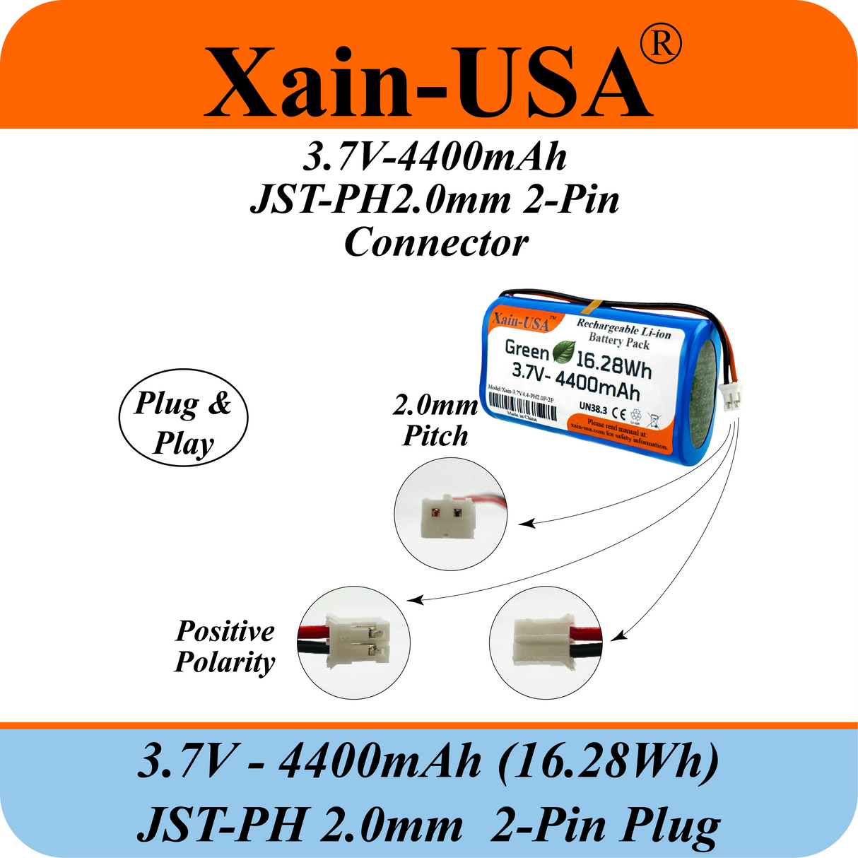 (1-Pack) 3.7V 4400mAh Li-ion Rechargeable Battery Pack with JST-PH2.0 2-Pin Connector for Electronics, LED Lighting, Outdoor Lights, Toys, GPS, Meshtastic Solar Node Projects, Speakers, Fire Alarm