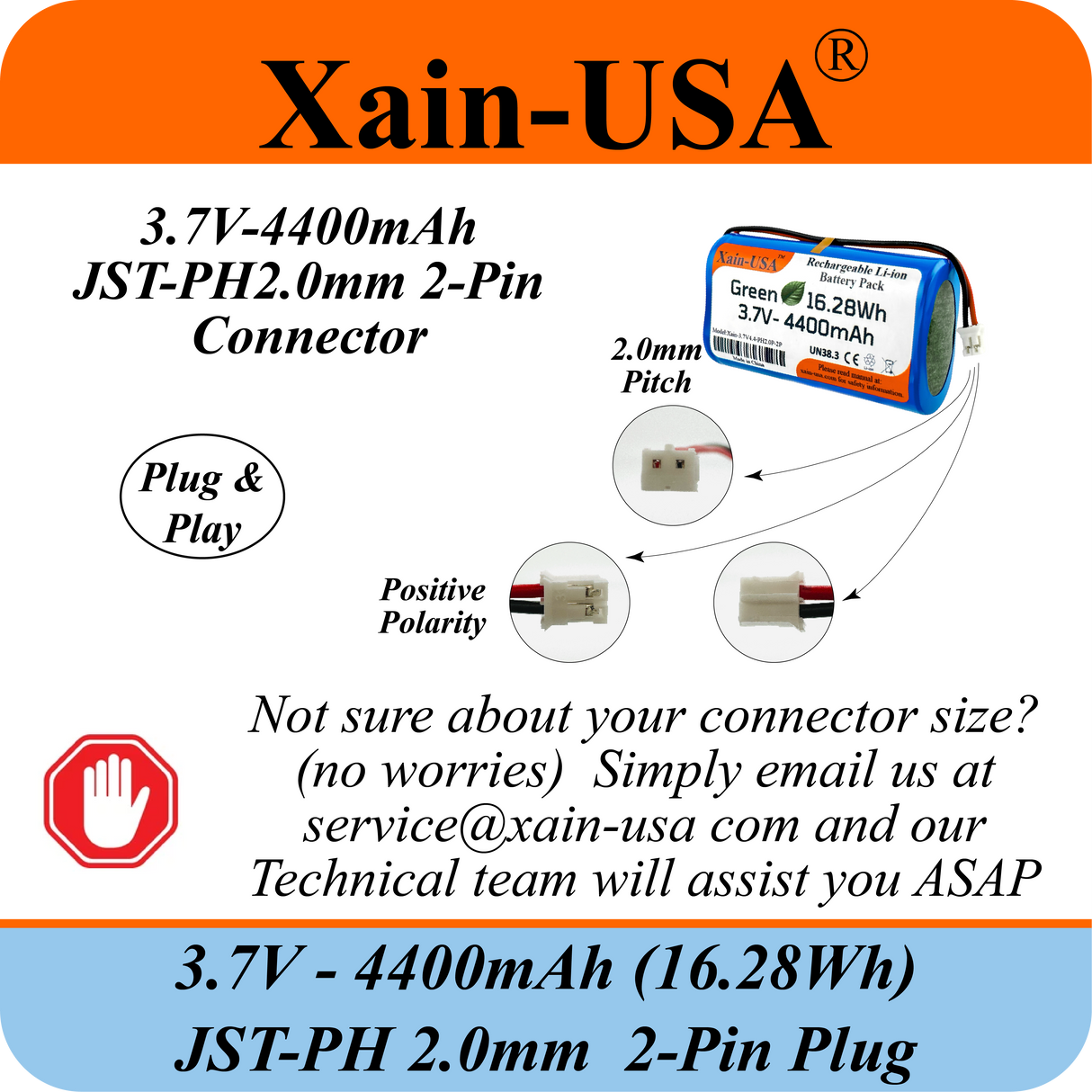 (1-Pack) 3.7V 4400mAh Li-ion Rechargeable Battery Pack with JST-PH2.0 2-Pin Connector for Electronics, LED Lighting, Low-Drain Devices, Outdoor Lights, Toys, GPS, Speakers, Fire Alarm