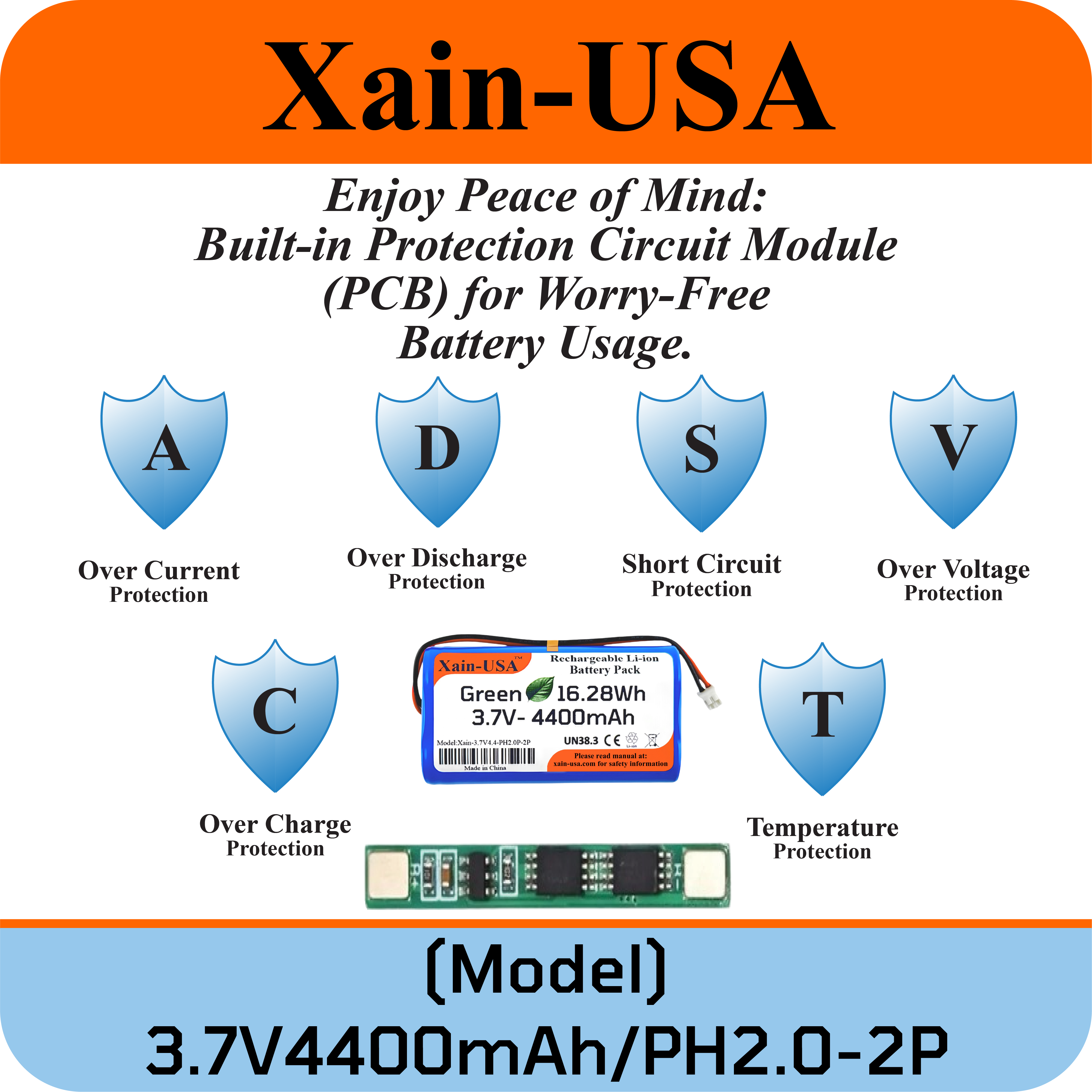 3.7V 4400mAh 1S2P Rechargeable Li-ion Battery Pack Replacement, 16.28Wh, with JST-PH2.0mm 2-pin Interface Female Connector