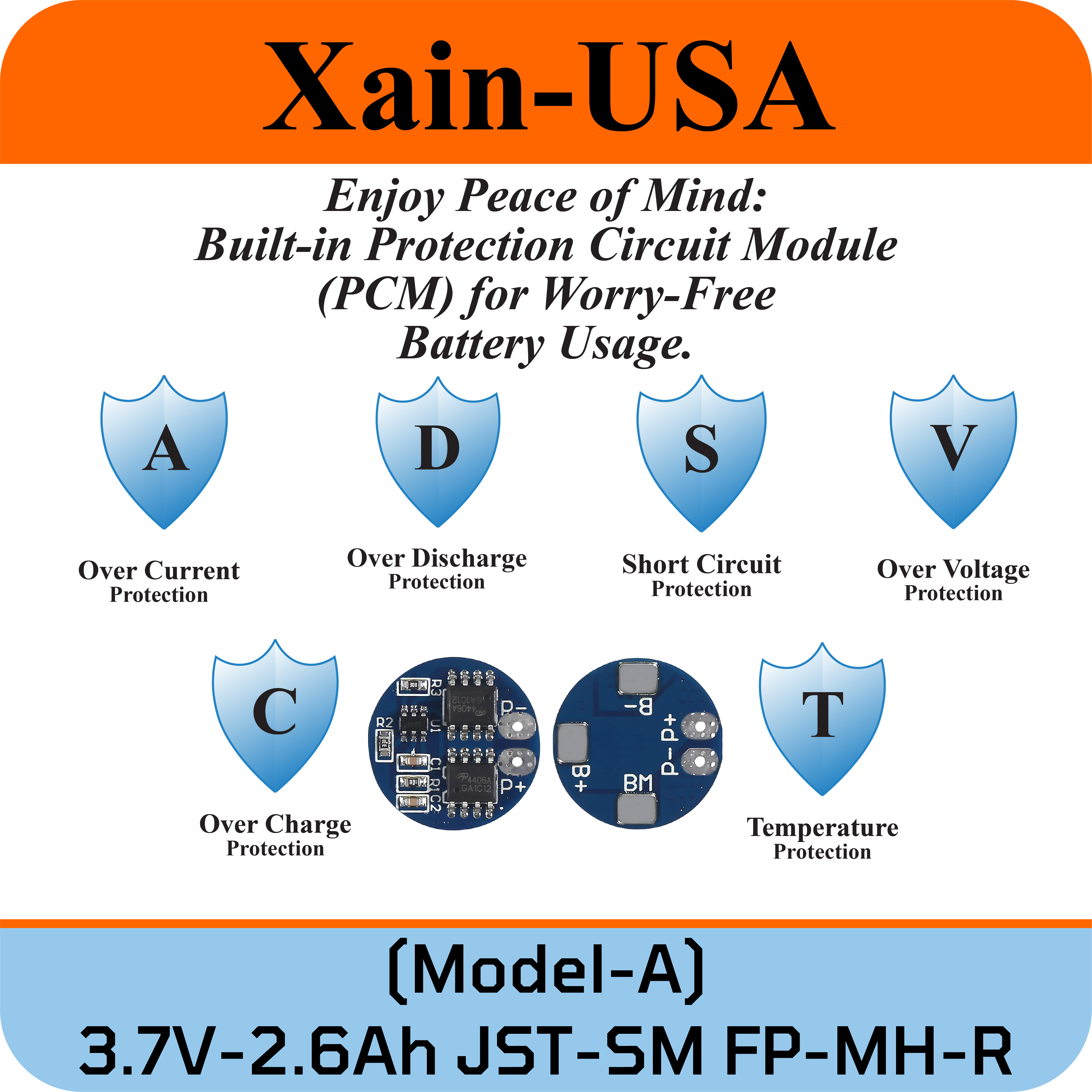 3.7V 2600mAh 1S1P 18650 Li-ion Battery with JST-SM 2 pin plug.