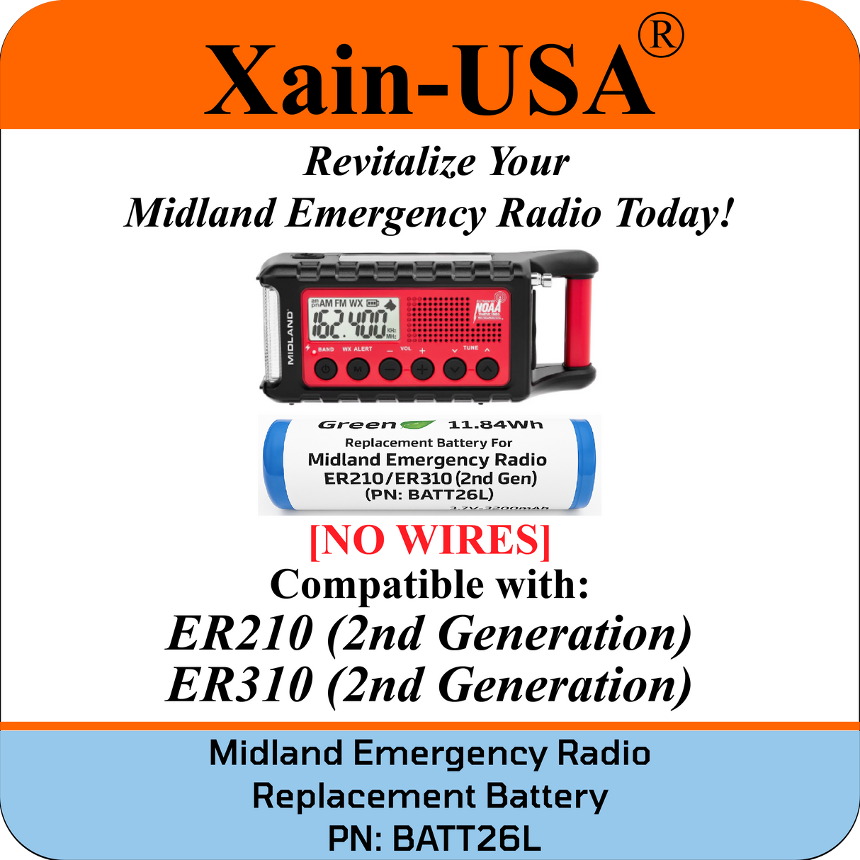 Long Lasting 3200mAh Replacement Battery for Midland Emergency Radio ER210/ER310 (2nd Gen) / PN: BATT26L.