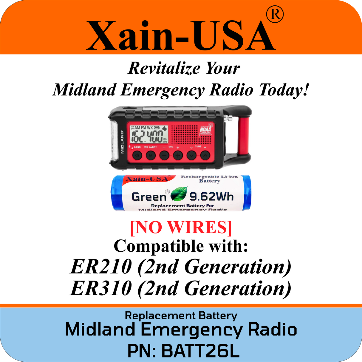 (2-Pack) Replacement Battery for Midland Emergency Radio ER210 (2nd Gen.) & ER310 (2nd Gen.)  PN: BATT26L 2600mAh