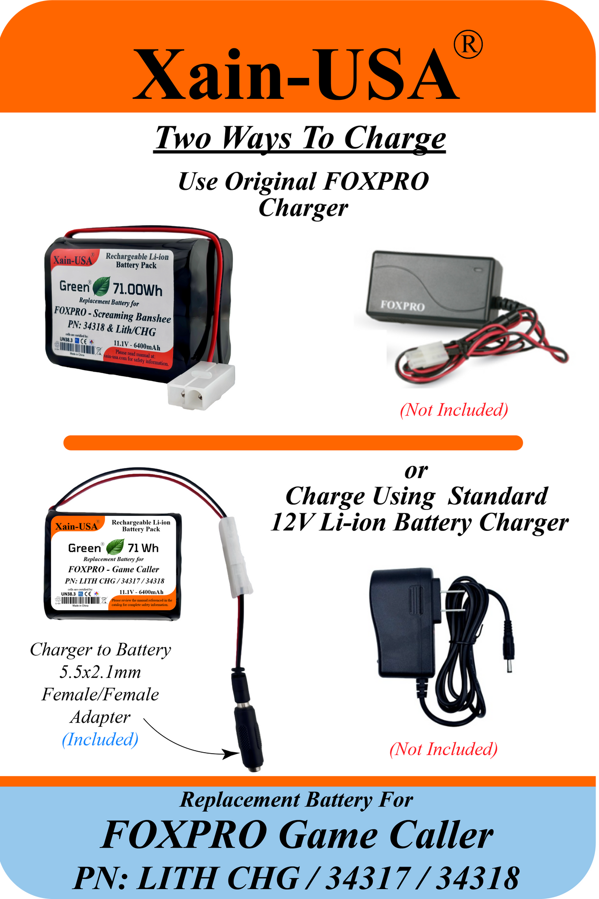Smart Package 6400mAh replacement battery for FOXPRO Game Caller PN: LITH CHG / 34317 / 34318