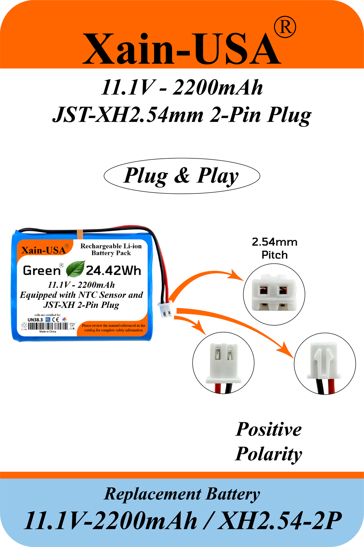 11.1V 2200mAh Rechargeable Li-ion Battery Pack, 3S1P 18650, 24.42Wh, JST-XH 2-Pin Connector, Built-in BMS Protection and NTC Temperature Sensor