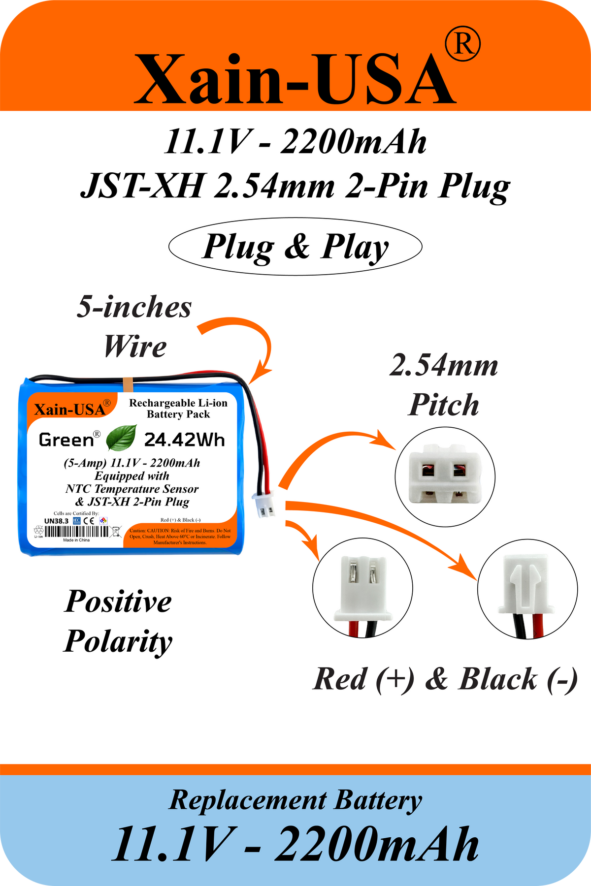 (5-Amp) 11.1V 2200mAh Rechargeable Li-ion Battery Pack | JST-XH 2-Pin Connector | Built-in BMS Protection and NTC Temperature Sensor