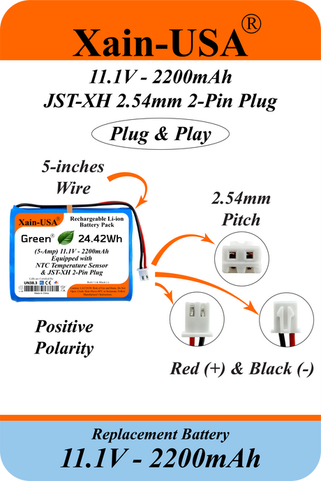 (5-Amp) 11.1V 2200mAh Rechargeable Li-ion Battery Pack | JST-XH 2-Pin Connector | Built-in BMS Protection and NTC Temperature Sensor