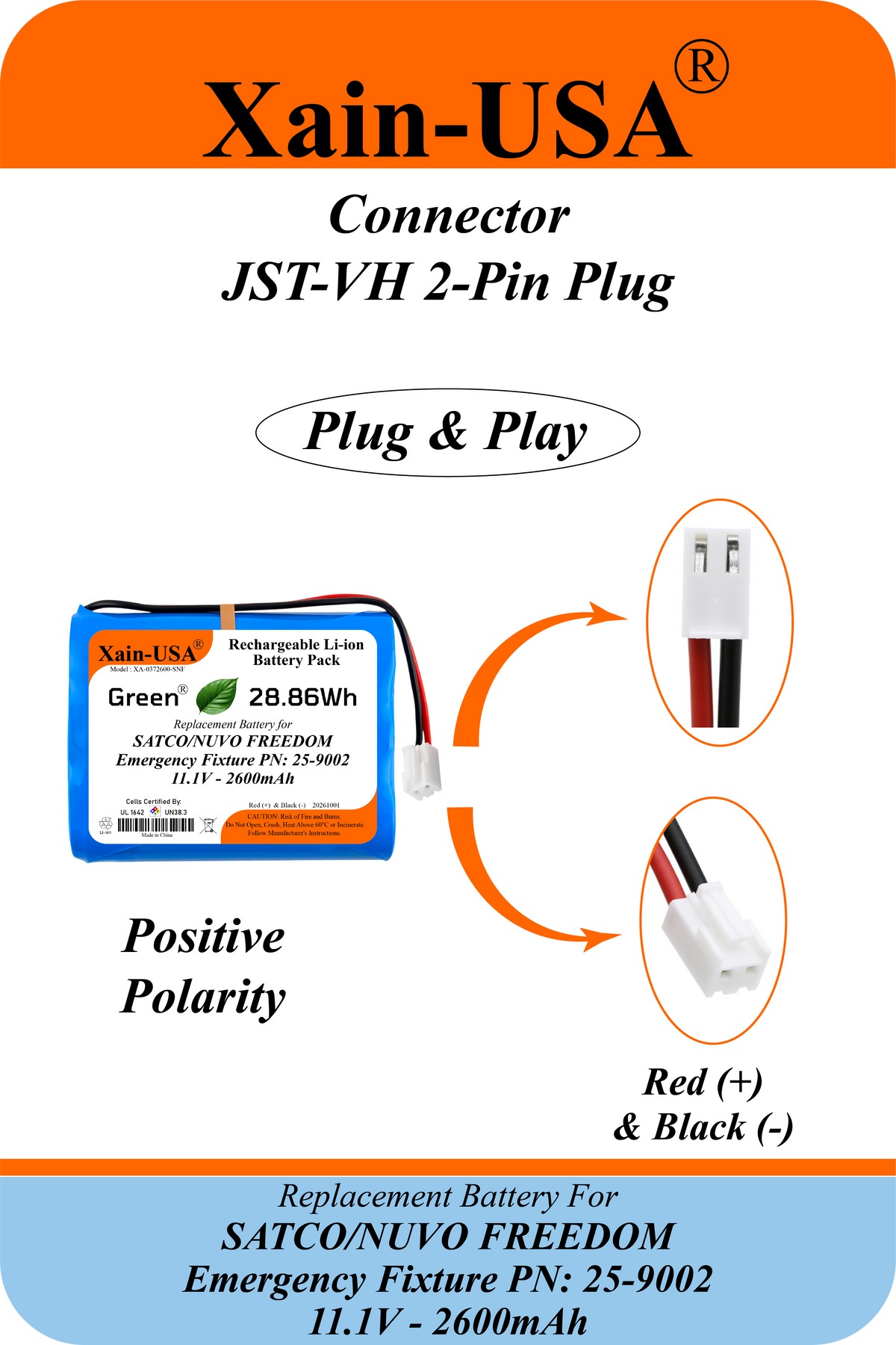 Xain-USA 11.1V 2600mAh Replacement Battery for SATCO/NUVO FREEDOM Emergency Fixture | Replaces 25-9002 | Built-In BMS & 10KΩ NTC Thermistor