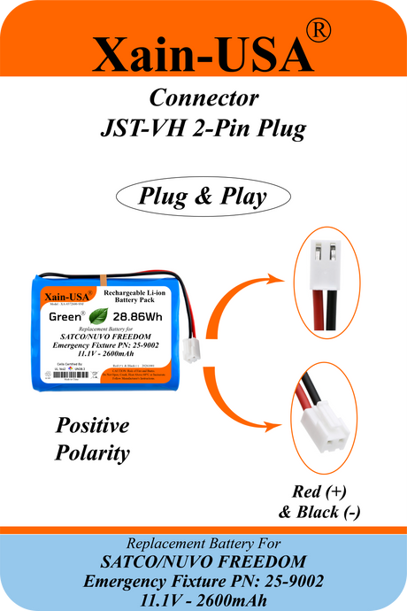 Xain-USA 11.1V 2600mAh Replacement Battery for SATCO/NUVO FREEDOM Emergency Fixture | Replaces 25-9002 | Built-In BMS & 10KΩ NTC Thermistor