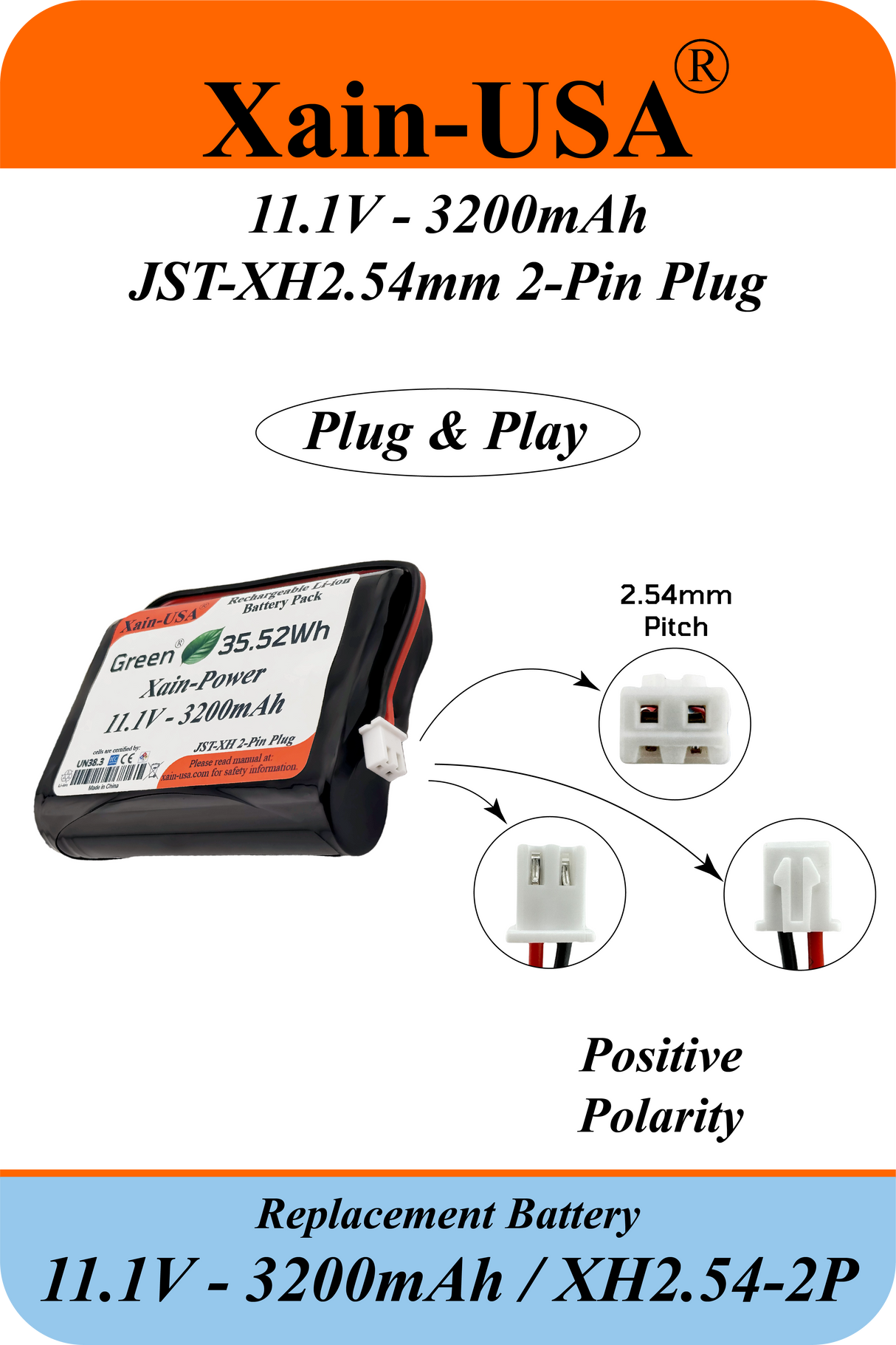 Xain-Power 3200mAh 11.1V Li-ion Battery Pack | 3S1P Rechargeable Lithium-Ion Replacement Battery with JST-XH2.54 Connector | Compatible with Super LifeJacket IMW888S / Two-Way Radios / Pool Vacuum