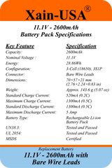 UL2054 Certified, 11.1V 2600mAh Li-ion Battery, 5A Cont., Bare Wire Leads
