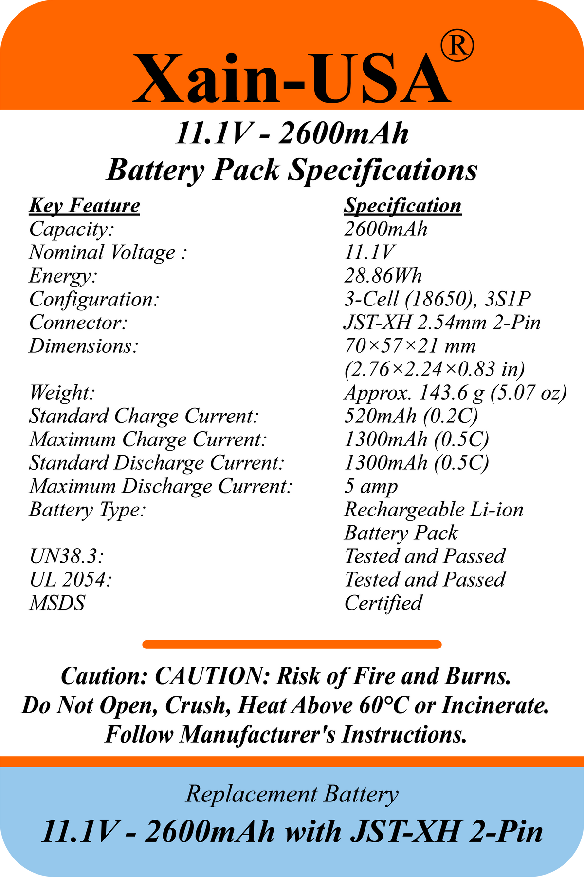 UL2054 Certified, 11.1V - 2600mAh Li-ion Battery, 5A Cont., JST-XH 2-Pin