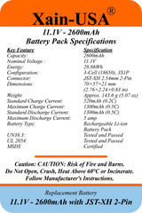 UL2054 Certified, 11.1V - 2600mAh Li-ion Battery, 5A Cont., JST-XH 2-Pin