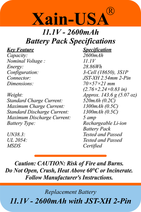 UL2054 Certified, 11.1V - 2600mAh Li-ion Battery, 5A Cont., JST-XH 2-Pin