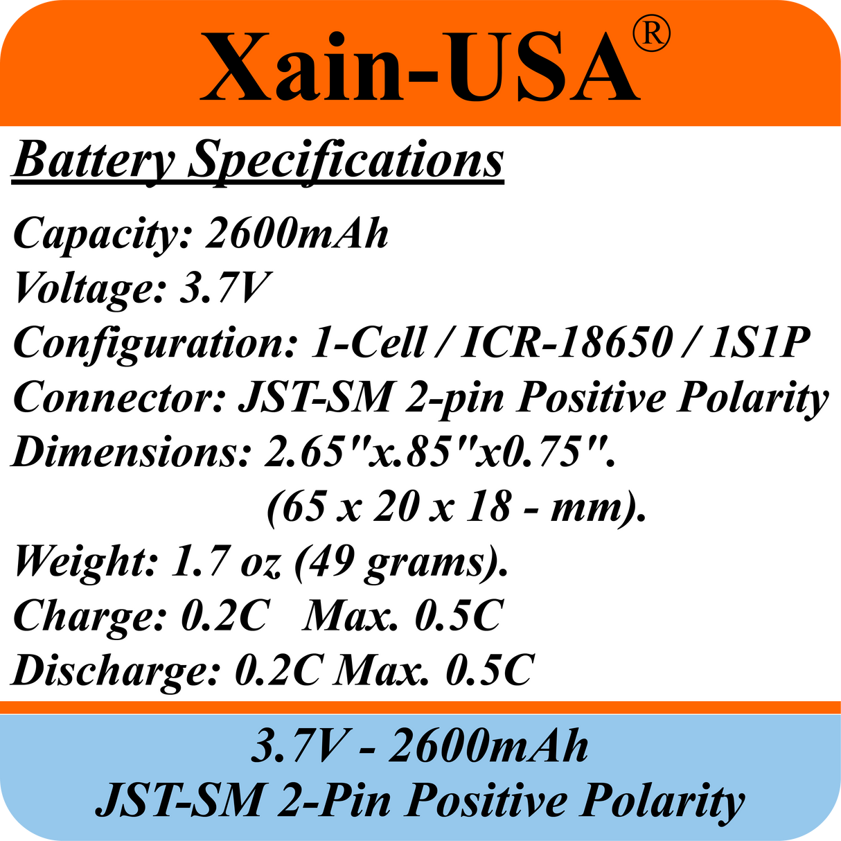 3.7V 2600mAh Li-ion Battery Pack with JST-SM 2-Pin Positive Polarity
