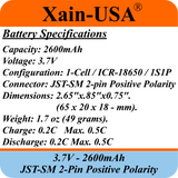 3.7V 2600mAh Li-ion Battery Pack with JST-SM 2-Pin Positive Polarity