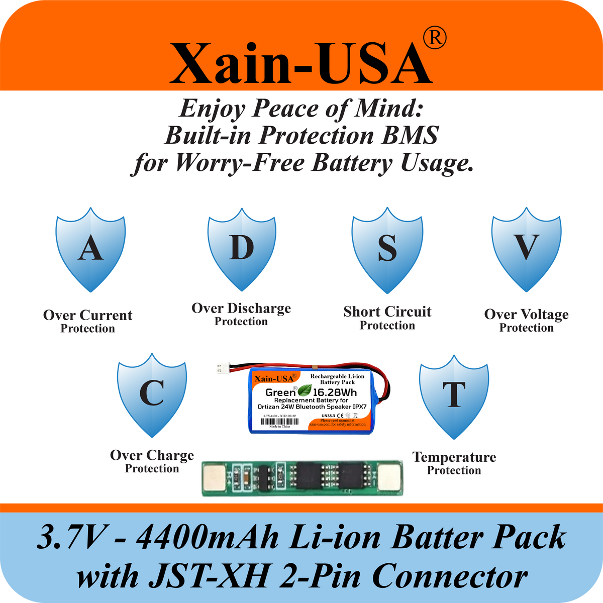 Xain-USA 3.7V 4400mAh Li-ion Battery Pack - JST-XH 2-Pin, Built-in BMS