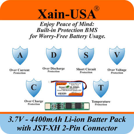 Xain-USA 3.7V 4400mAh Li-ion Battery Pack - JST-XH 2-Pin, Built-in BMS