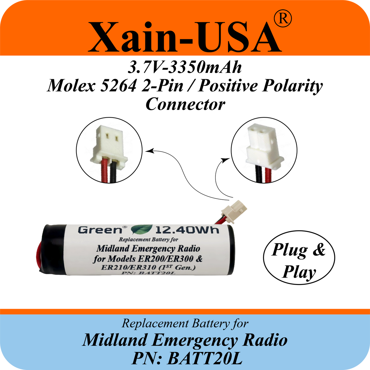 3350mAh Replacement Battery for Midland Radios PN: BATT20L First Gen. ER200 ER210 ER300 ER310