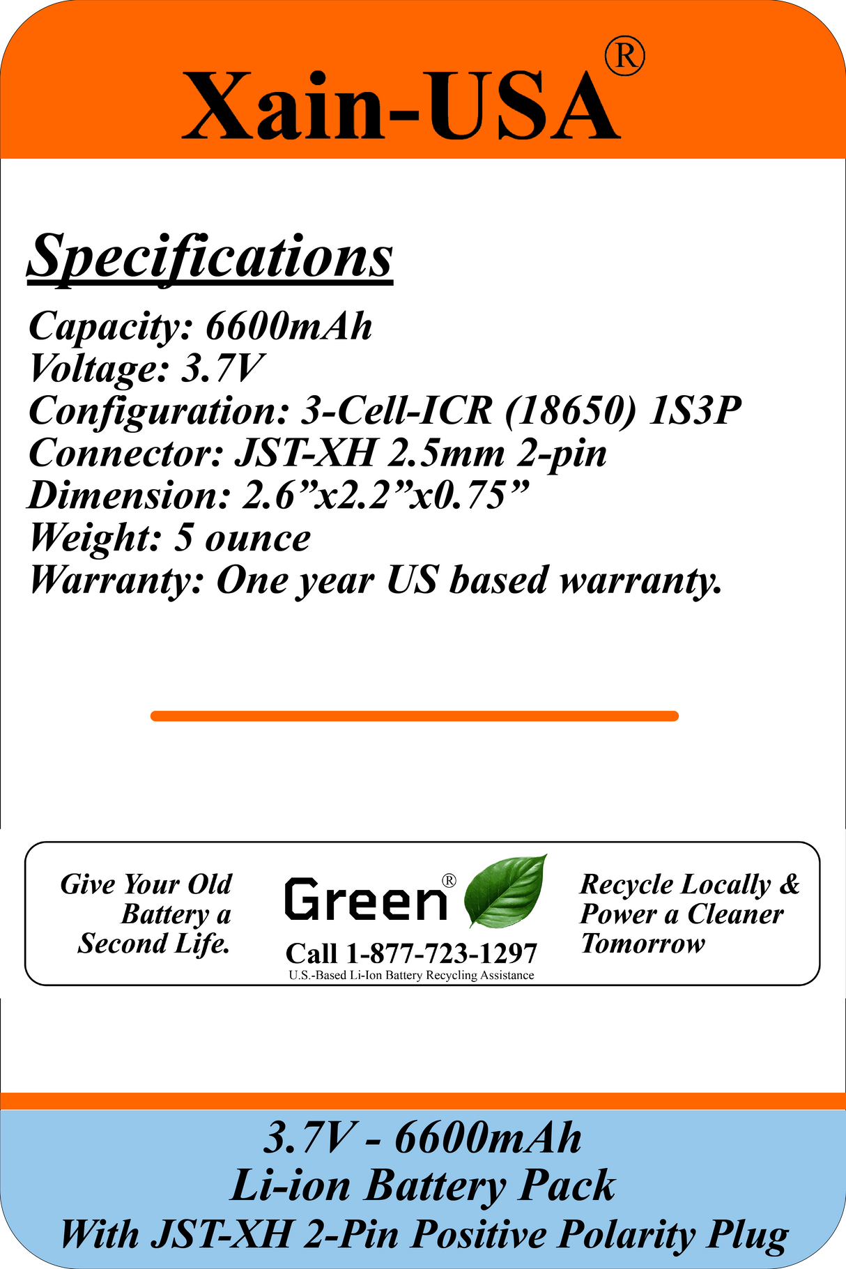 3.7V 2600mAh Li-ion Battery Pack with JST-XH 2-Pin Plug
