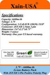 3.7V 2600mAh Li-ion Battery Pack with JST-XH 2-Pin Plug