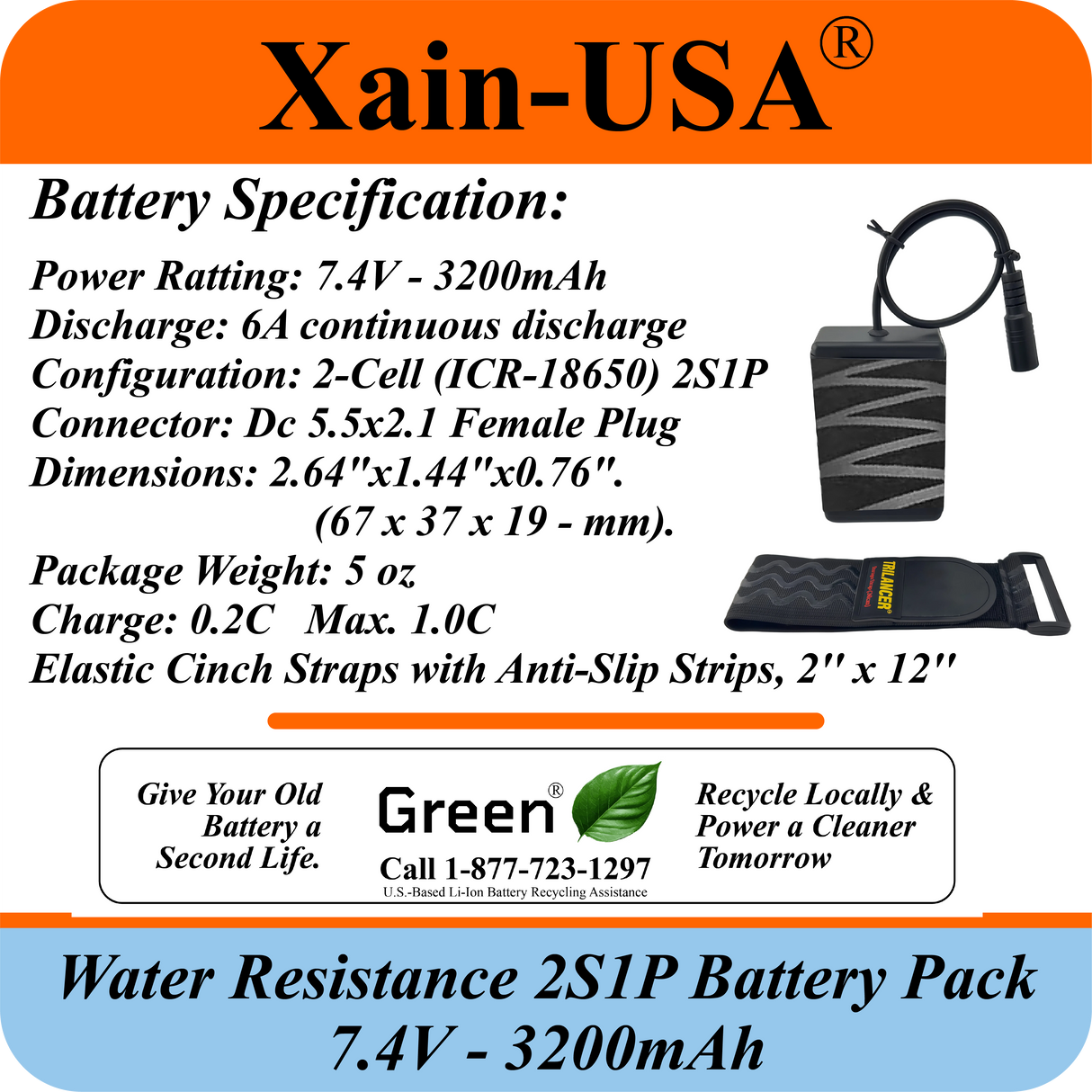 Water‑Resistant 7.4V 3200mAh Battery Pack for Bike LED Lights, DC 5.5×2.1mm Female Plug