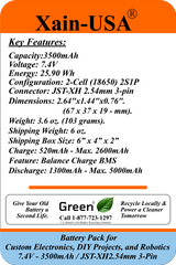 7.4V 3500mAh Li-ion Battery Pack for DIY Electronics and Robotics, JST-XH 3-Pin Connector, Balance Charging, Built-in BMS, 5A Continuous Discharge