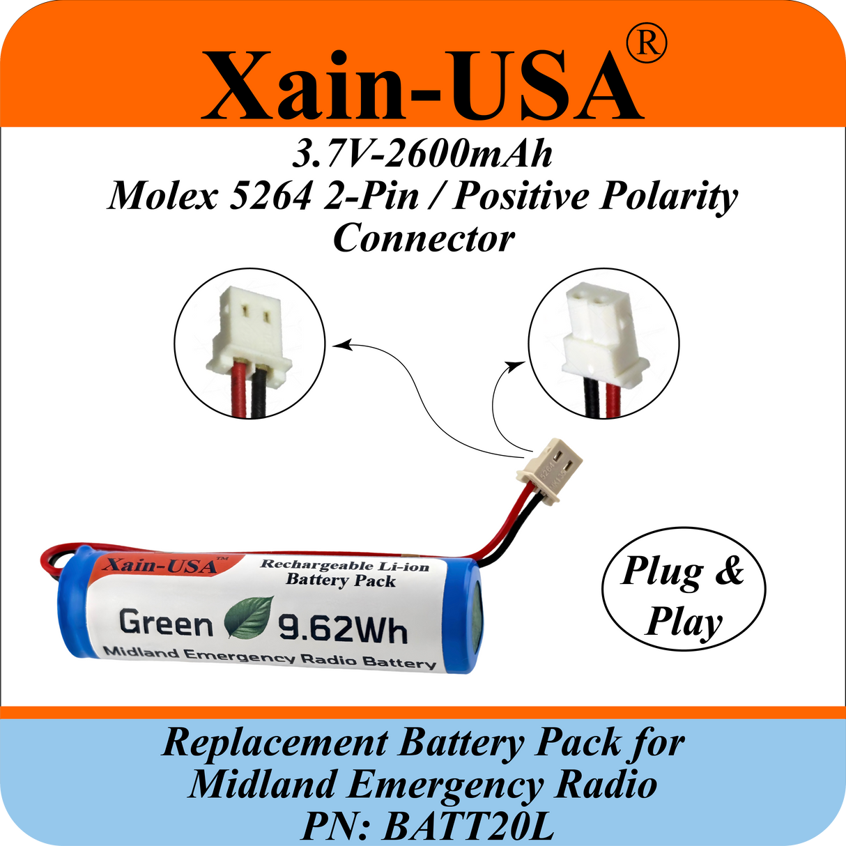 (2-Pack) 2600mAh Replacement Battery for Midland Emergency Radio PN: BATT20L, 1st Gen. ER200 / ER210 / ER300 / ER310