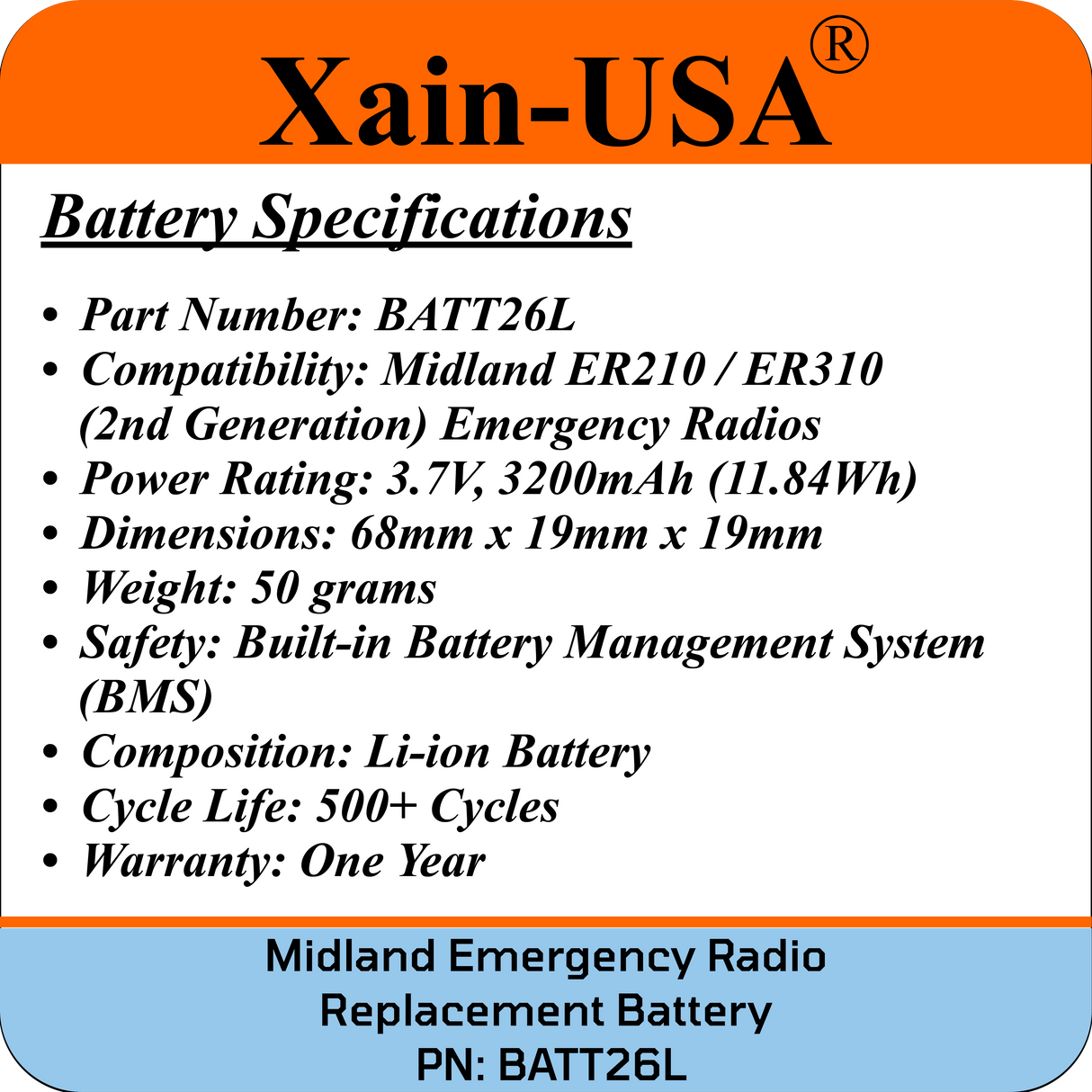 Long Lasting 3200mAh Replacement Battery for Midland Emergency Radio ER210/ER310 (2nd Gen) / PN: BATT26L.