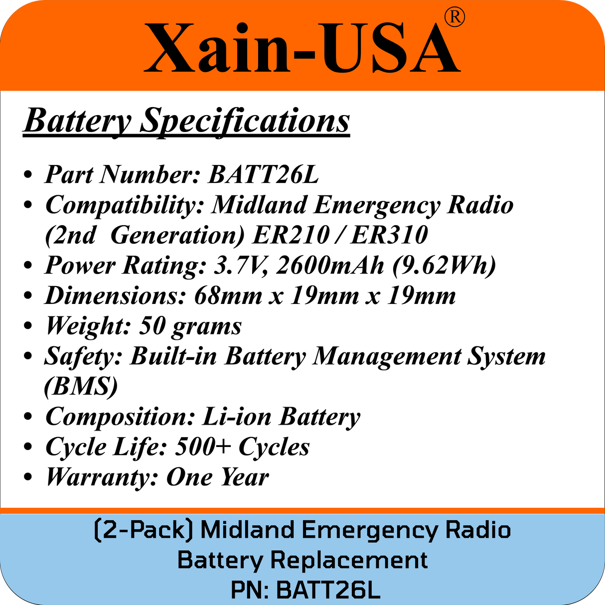 (2-Pack) Replacement Battery for Midland Emergency Radio ER210 (2nd Gen.) & ER310 (2nd Gen.)  PN: BATT26L 2600mAh