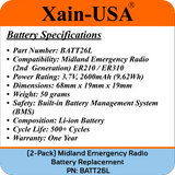 (2-Pack) Replacement Battery for Midland Emergency Radio ER210 (2nd Gen.) & ER310 (2nd Gen.)  PN: BATT26L 2600mAh
