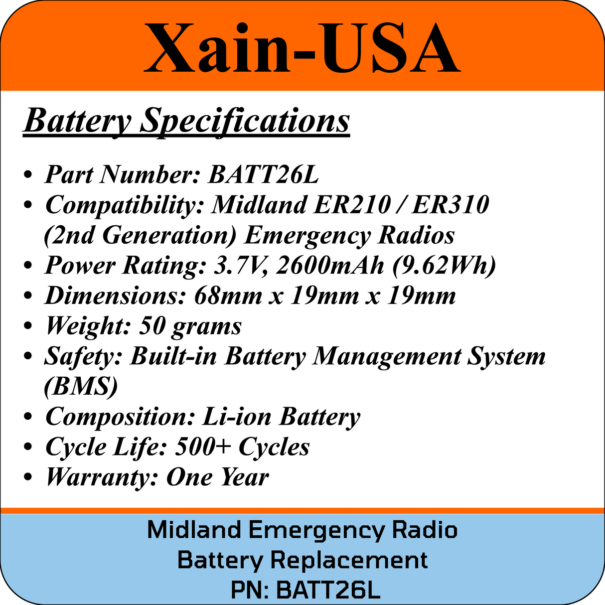 Midland Emergency Radio Replacement No-wires Battery (Second Gen)
