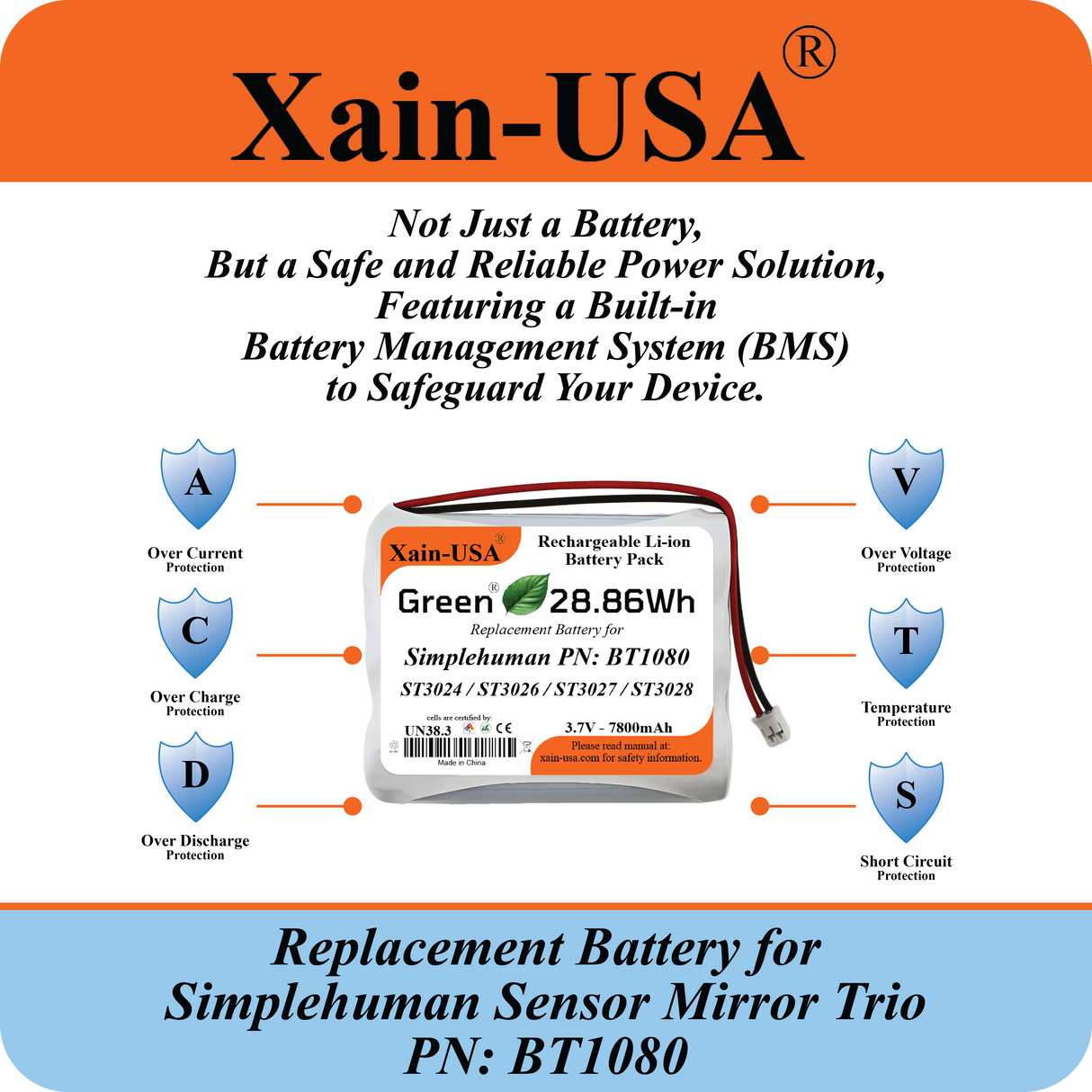 7800mAh ULTRA-CAPACITY Replacement Battery for Simplehuman PN:BT1080 Model: ST3024 Sensor Mirror Trio, 3.7V Rechargeable Li-ion Pack, Built with Xain-Xtra Cells for 1000+ Cycles, Twice the Lifespan of Standard Cells
