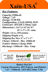 7.4V 3500mAh Li-ion Battery Pack for DIY Electronics and Robotics, JST-XH 3-Pin Connector, Balance Charging, Built-in BMS, 5A Continuous Discharge
