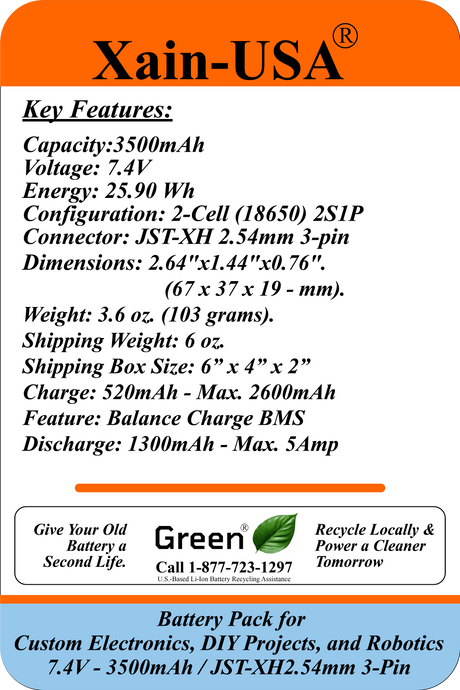7.4V 3500mAh Li-ion Battery Pack for DIY Electronics and Robotics, JST-XH 3-Pin Connector, Balance Charging, Built-in BMS, 5A Continuous Discharge