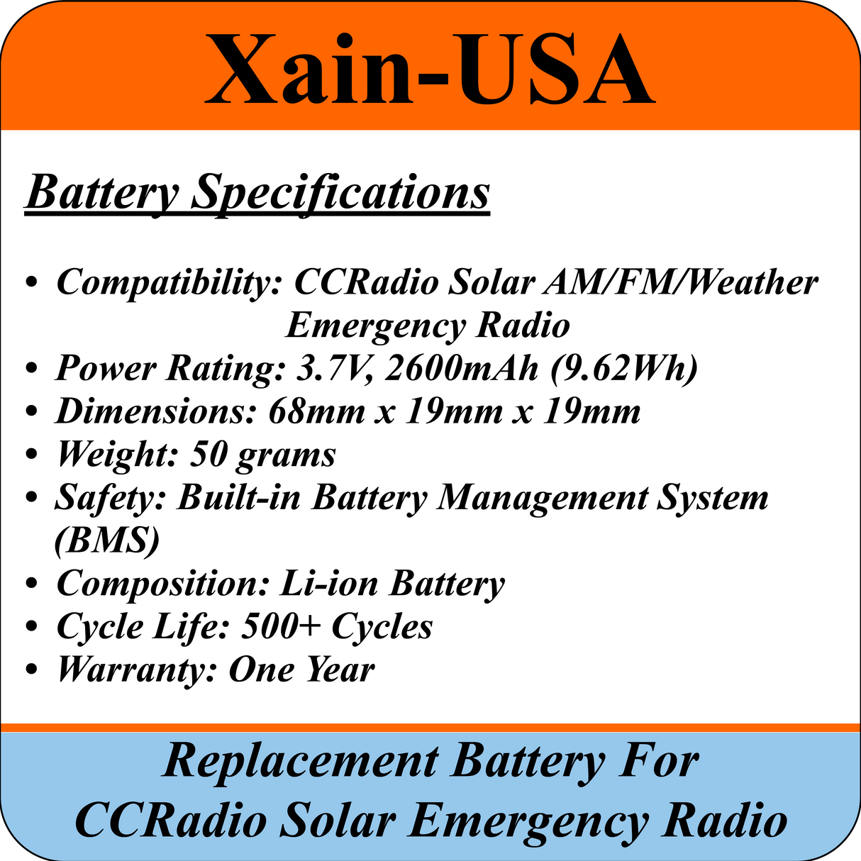 Replacement battery for the CCRadio Solar AM/FM/Weather Emergency Radio, Protected 3.7V Li-ion 3400mAh.