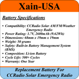 Replacement battery for the CCRadio Solar AM/FM/Weather Emergency Radio, Protected 3.7V Li-ion 3400mAh.
