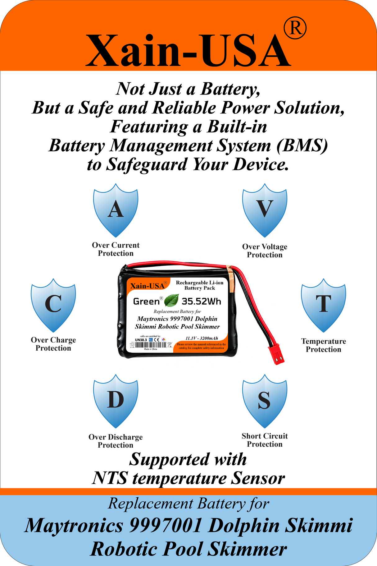 11.1V 3200mAh Replacement Battery for Maytronics 9997001 Dolphin Skimmi Robotic Pool Skimmer, Maytronics P/N 5651200-ASSY, with Built-in BMS and NTC Temperature Sensor in