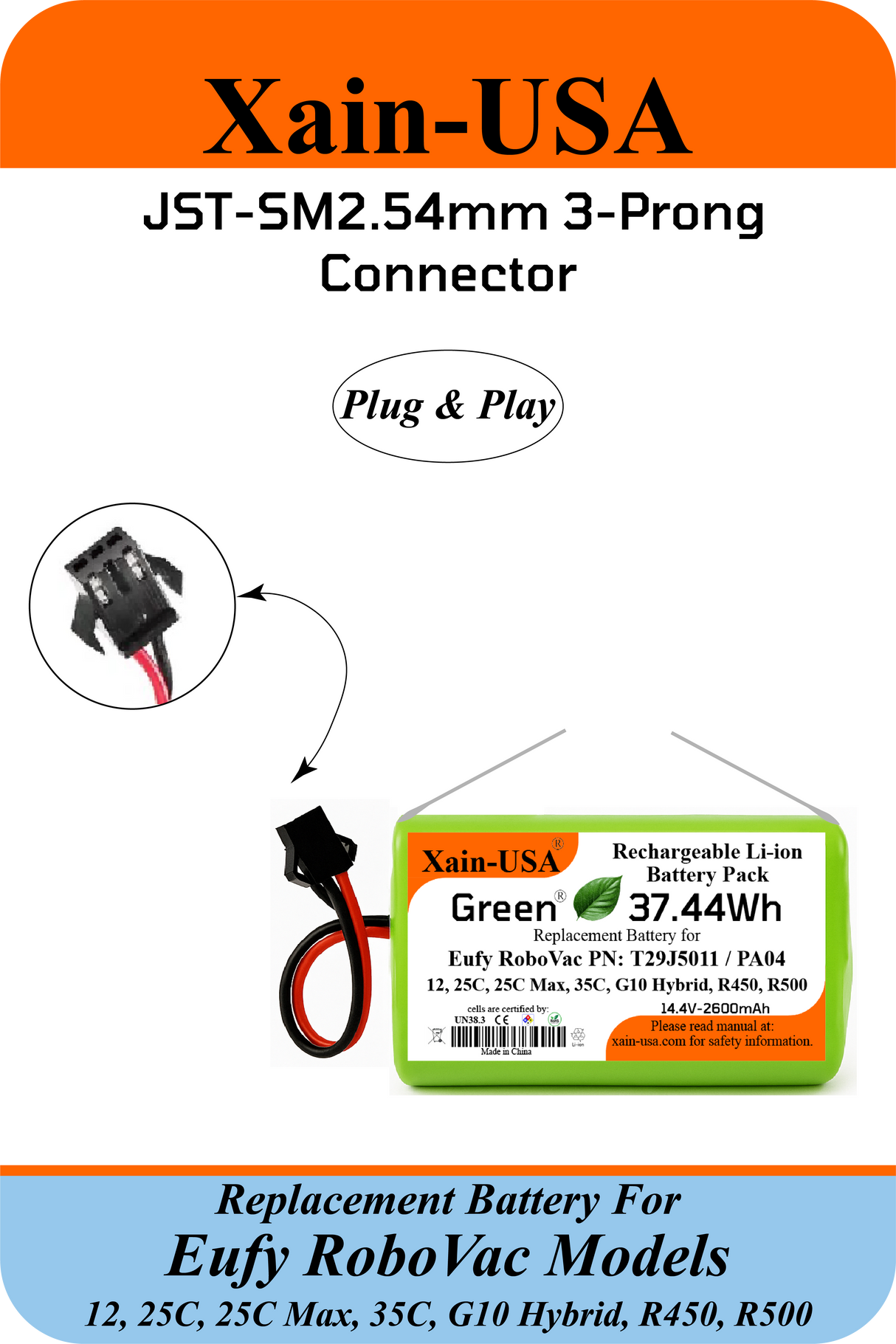 2600mAh Li-ion Replacement Battery Compatible with Eufy RoboVac PN: T29J5011 / PA04 Models: 12, 25C, 25C Max, 35C, G10 Hybrid, R450, R500 - 3-Pin Connector