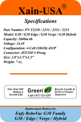 14.4V 2600mAh Li-ion Replacement Battery for Eufy RoboVac  G30 (T2250) / G30 Edge (T2251) / G30 Verge (T2252) / G30 Hybrid (T2253)  3-Pin Connector  High-Capacity Rechargeable Battery Pack