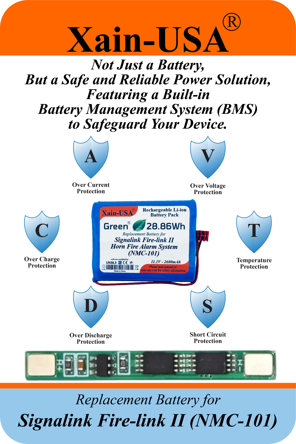 (5-Pack ) 11.1V 2600mAh Replacement Battery for Signalink Firelink 2 Horn Fire Alarm System (NMC‑101) – Built‑In BMS Protection.