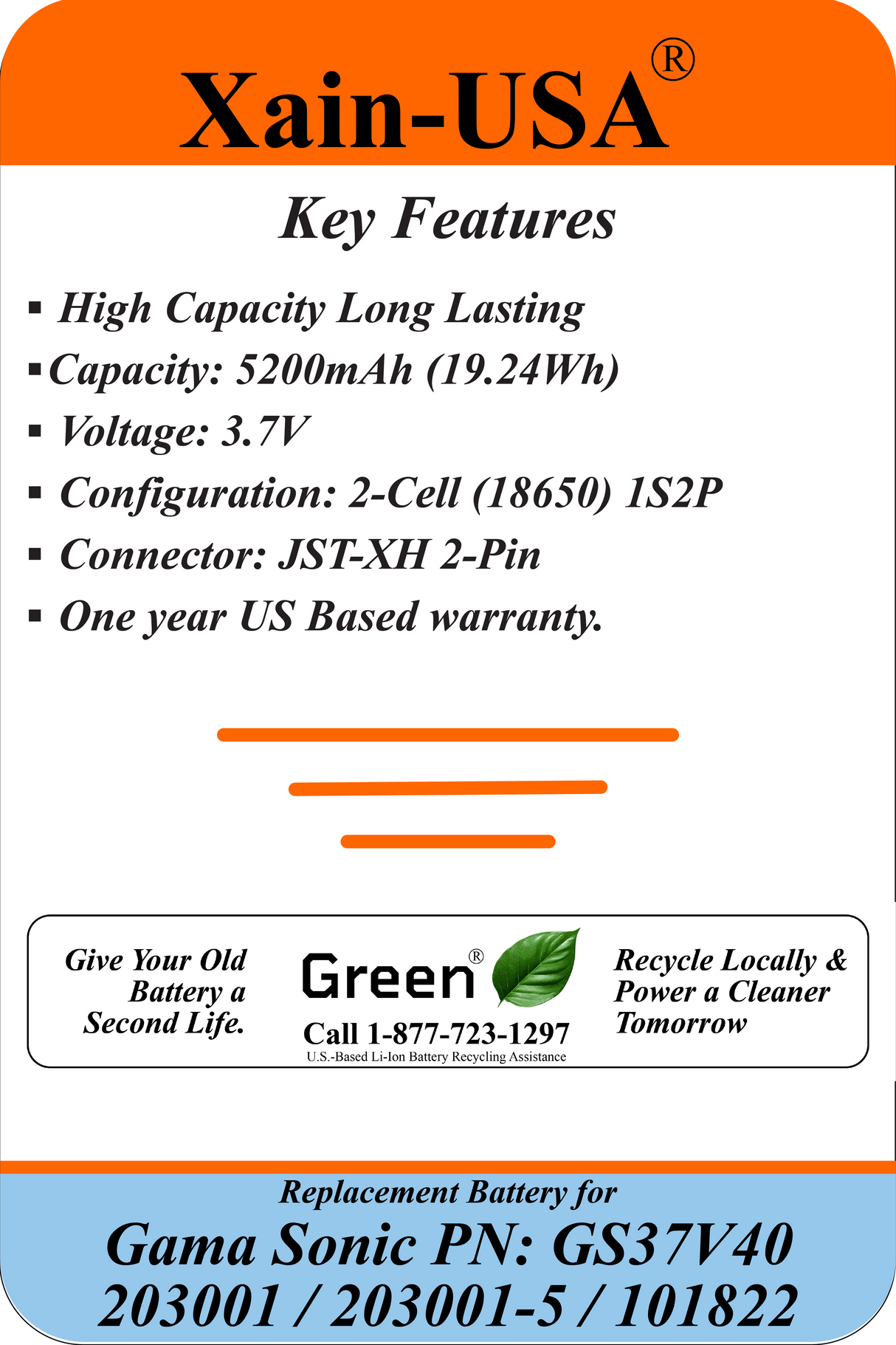 Replacement Battery for Gama Sonic GS37V40 (3.7V Li-ion, 5200mAh / 19.24Wh) – Compatible with Gama Sonic 101822, 203001, 203001-5 Solar Lights, Ultra High Capacity