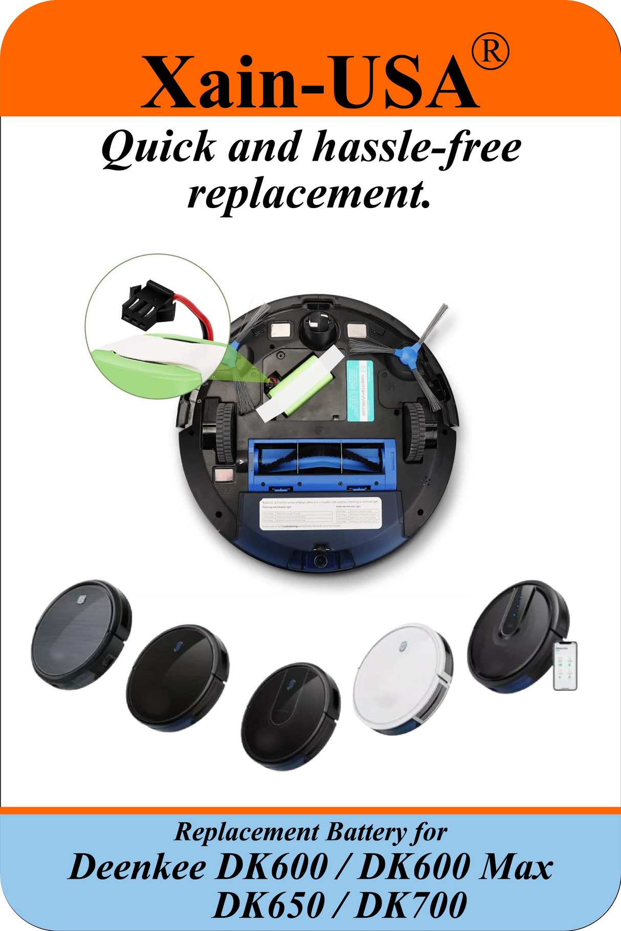 (Xain-Vac) Premium Replacement Battery for Deenkee DK600 / DK600 Max / DK650 / DK700 Robot Vacuum Cleaners 14.4V - 2600mAh  (37.4Wh) with Built-in Battery Management System (BMS)